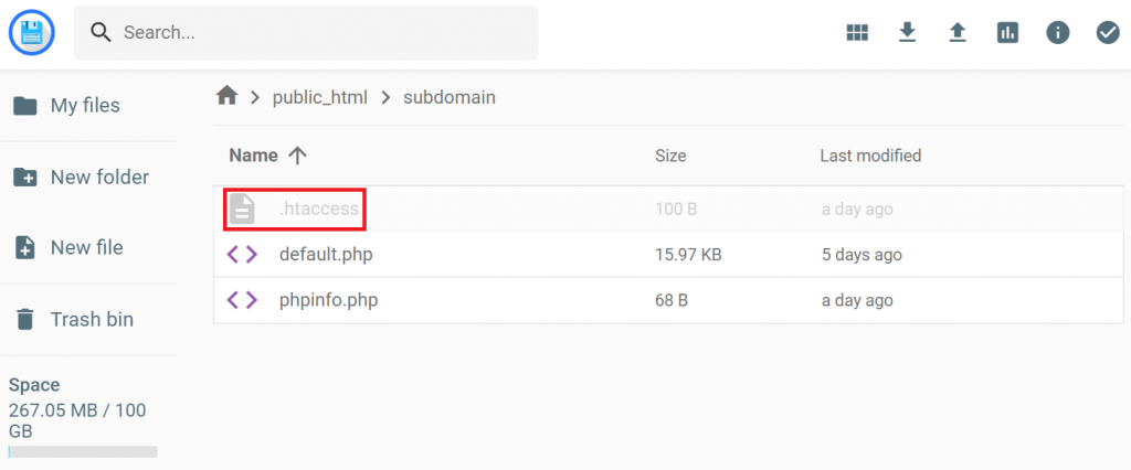 The .htaccess file in the subdomain folder in hPanel's file manager
