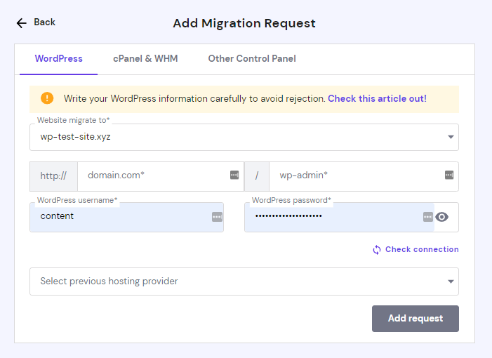 Migration request form from WordPress