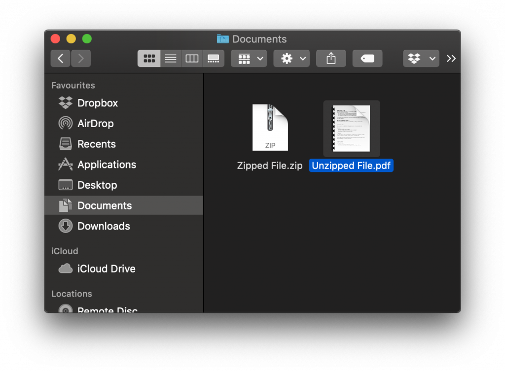 A .zip file and its unarchived content on a macOS