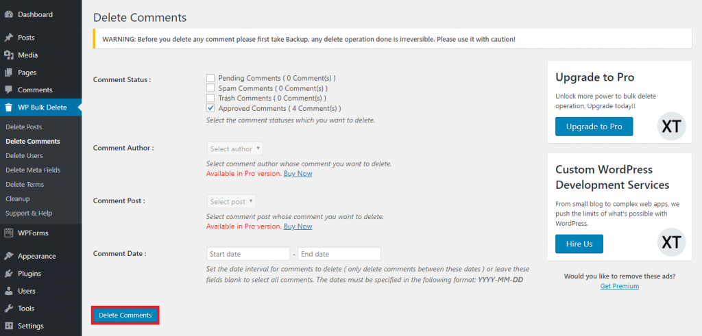 This image shows WP Bulk Delete's comment deletion settings.