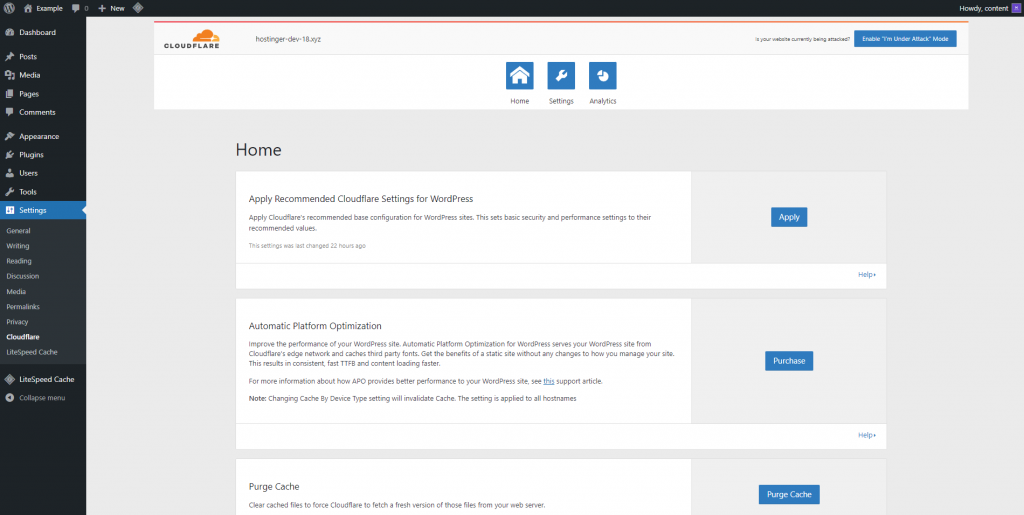 WordPress Cloudflare plugin dashboard
