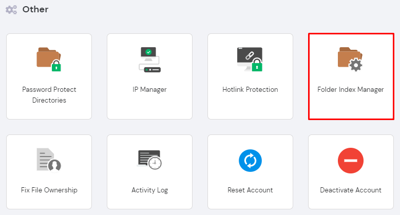 The Folder index Manager under the "Other" section in hPanel