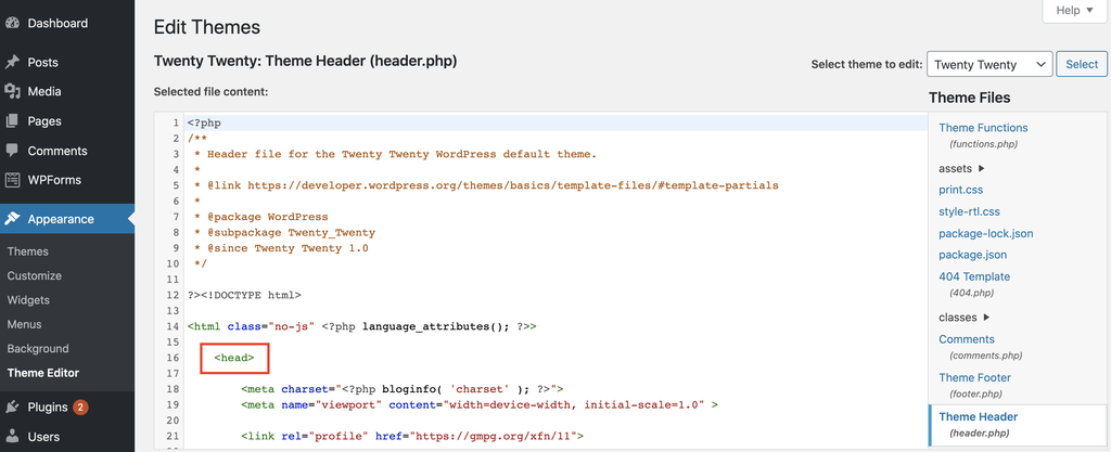 Editing the header.php file using the WordPress Theme Editor