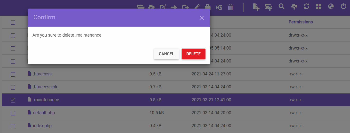 Screenshot showcasing the Delete functionality in File Manager