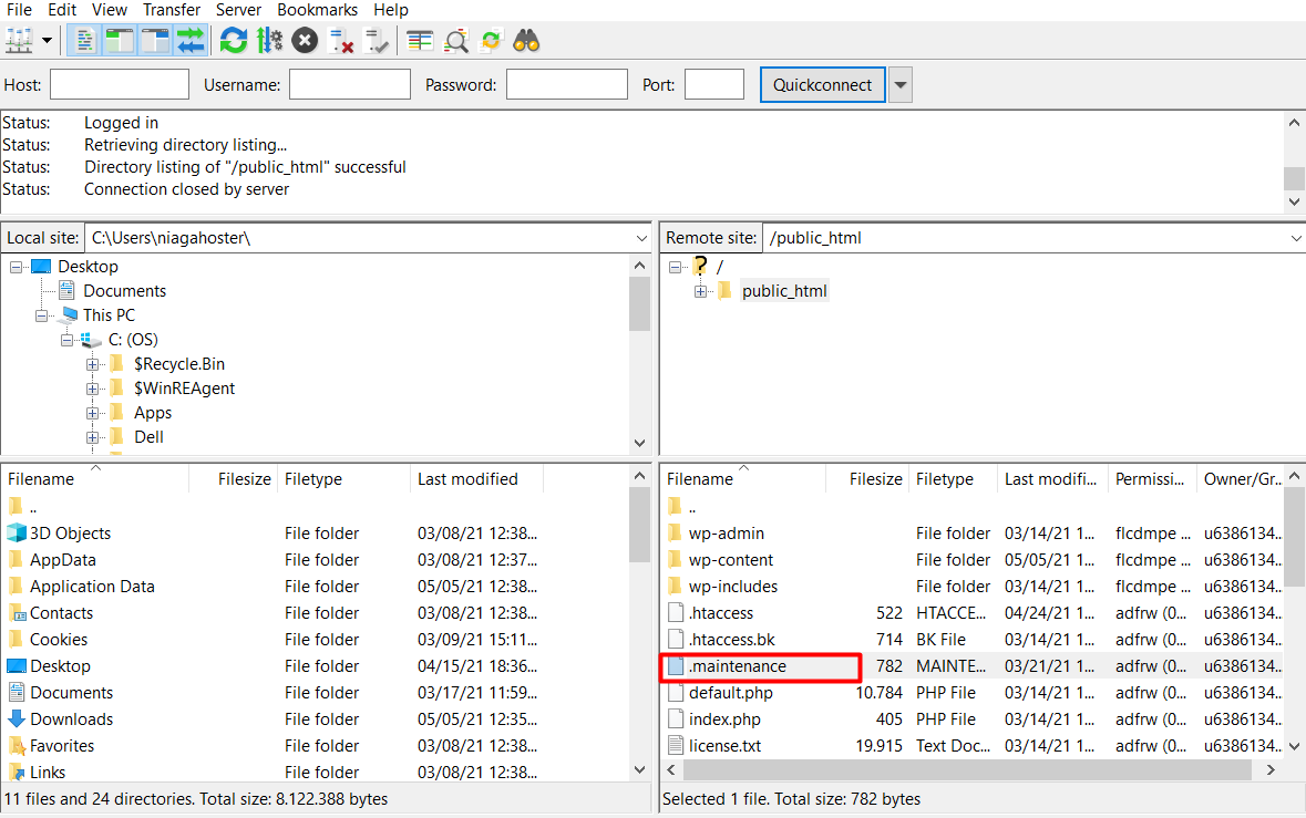 Screenshot showcasing the maintenance file in FileZilla