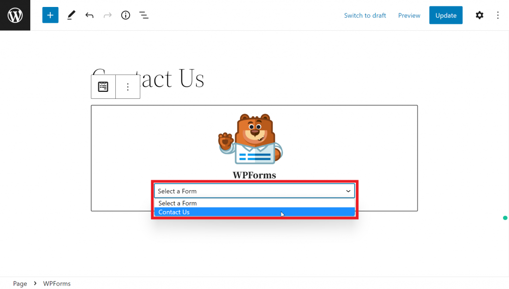 The WPForms block, highlighting the Select a Form dropdown menu
