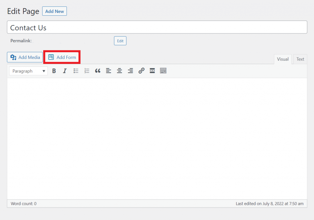 The WordPress classic editor, highlighting the Add Form button
