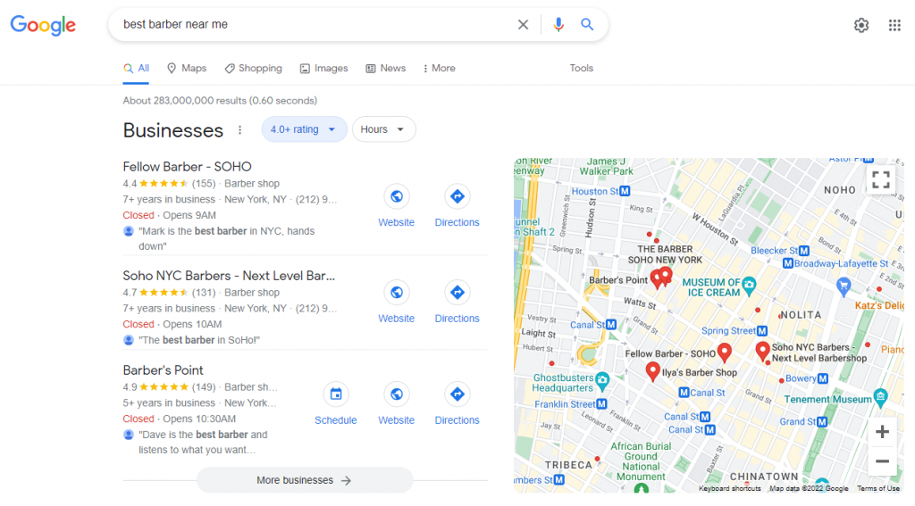 Local business results on a Google search result