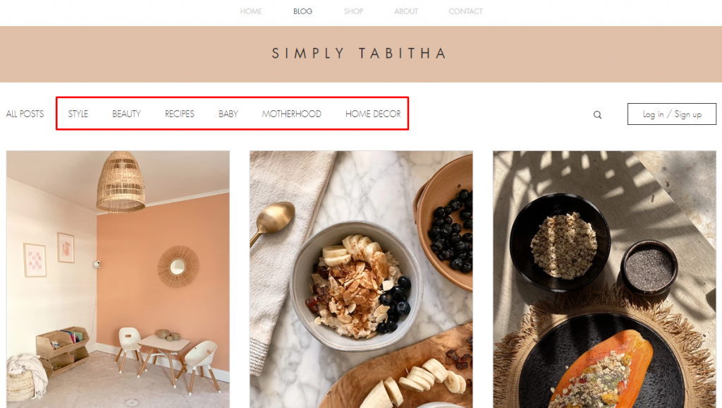 WordPress category navigation example on Simply Tabita's blog website