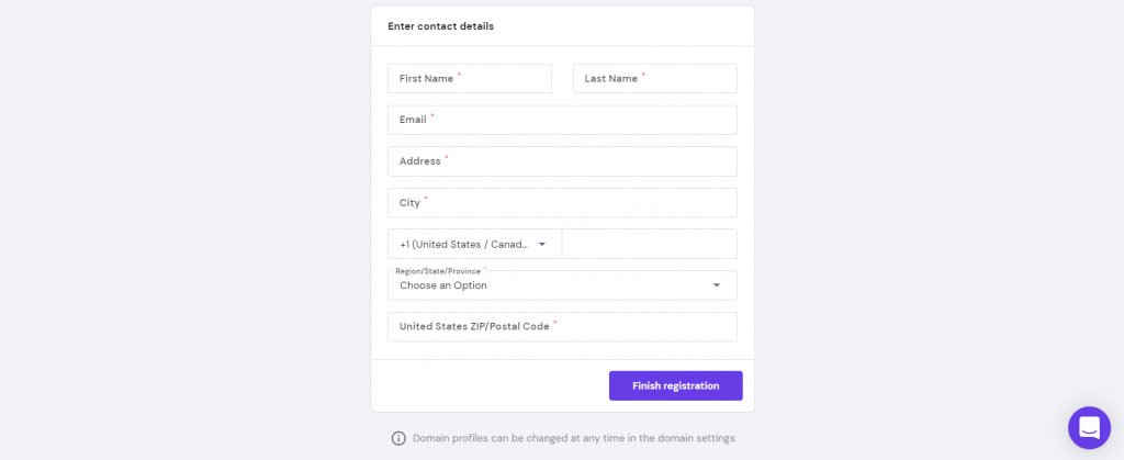 Set up domains menu - entering contact details window