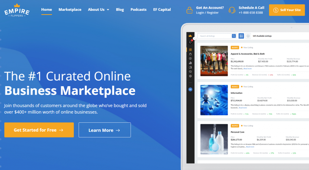 The homepage of Empire Flippers, Empire Flippers, an online business marketplace.
