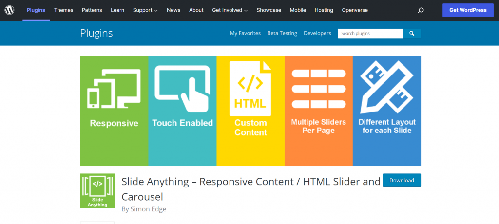 Slide Anything on the WordPress plugin directory. It is a slider plugin that provides responsive content, HTML slider, and carousel
