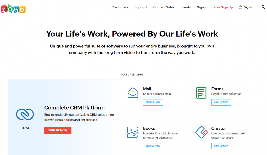The landing page of Zoho CRM
