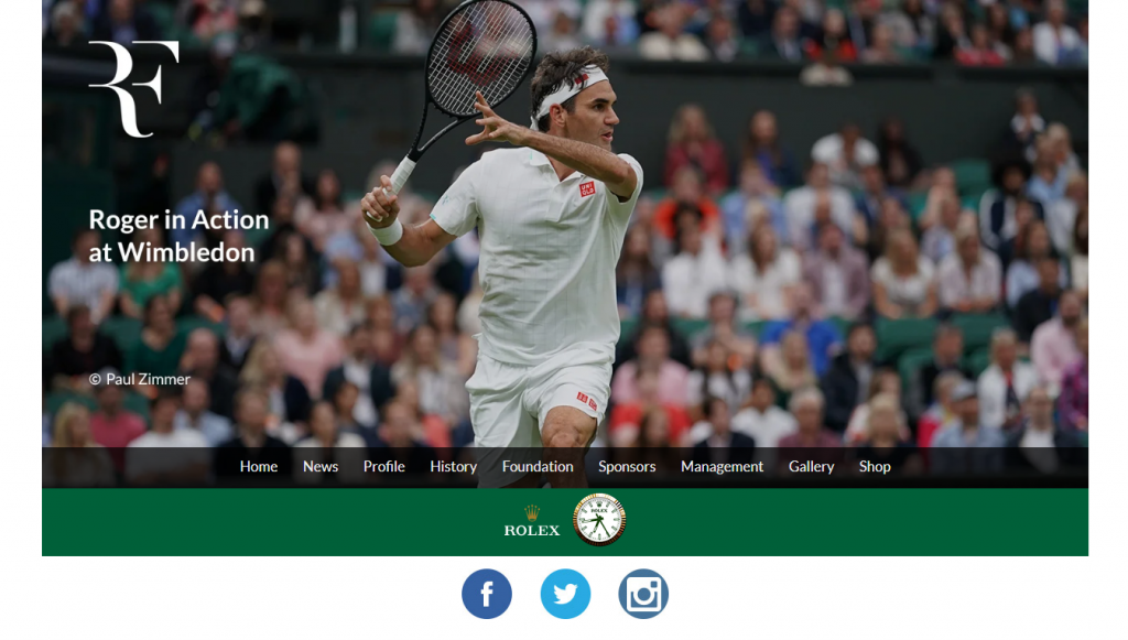 Rodger Federer's landing page.