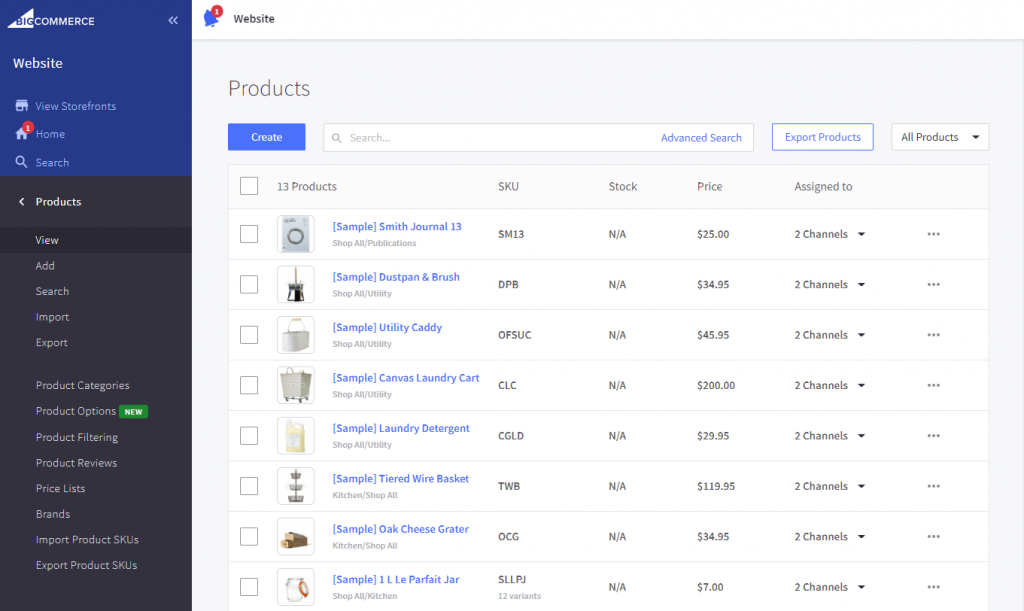 BigCommerce main dashboard, showing the product management panel