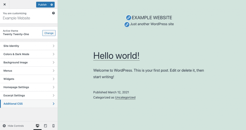Screenshot showing how to customize web design using Additional CSS classes