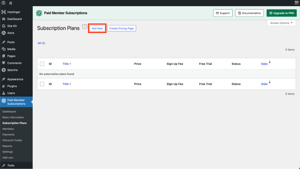 Paid Member Subscriptions plugin's subscription plans page with add new button highlighted