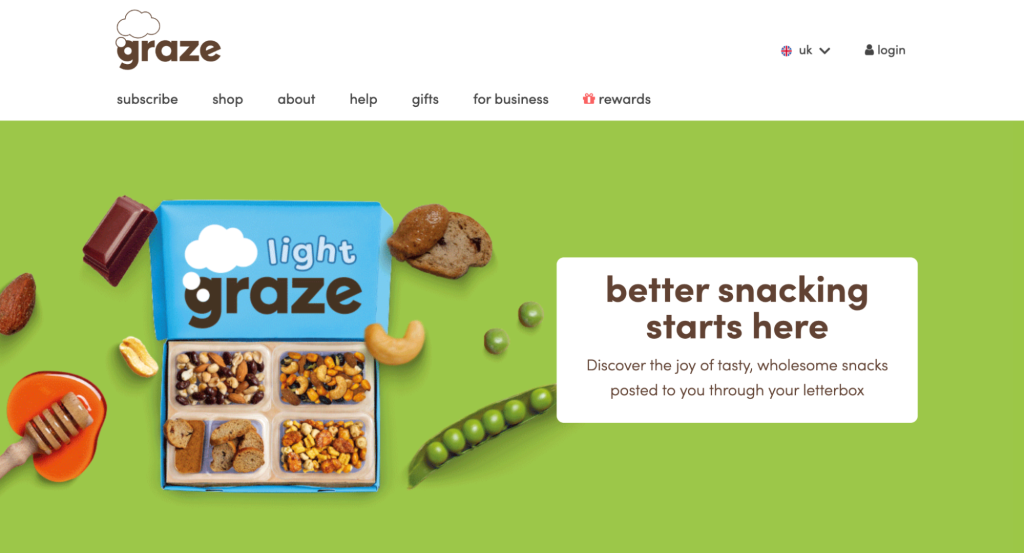 Example of a subscription-based membership site: the landing page of Graze, a UK-based snack company