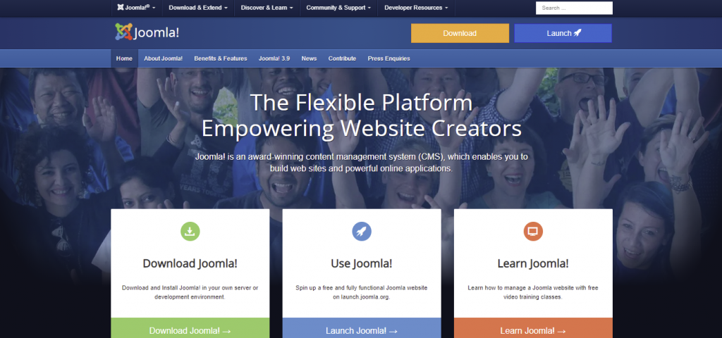 Joomla homepage featuring its flexible platform for website creators