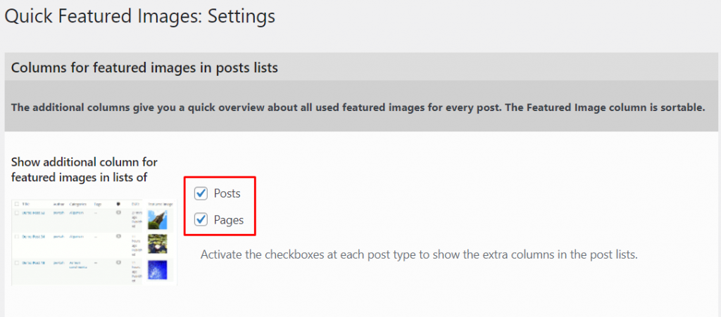 Quick Featured Images settings panel with the highlighted options to add featured image previews