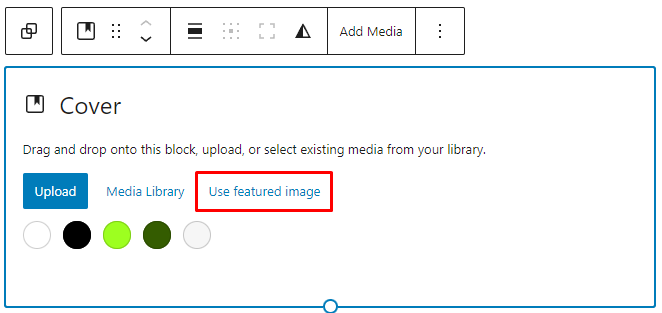 WordPress cover block placeholder with the highlighted use featured image button