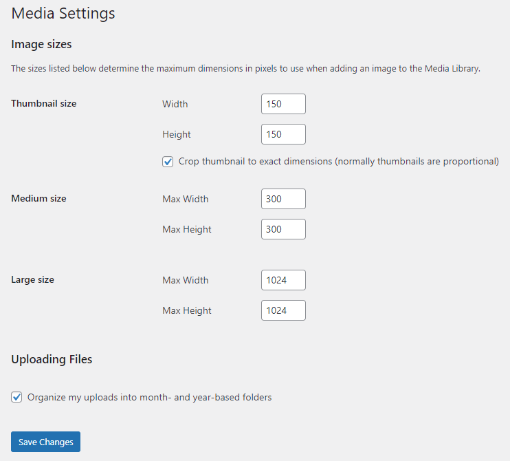 WordPress media settings panel