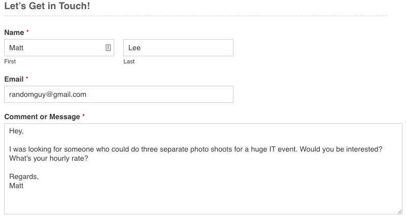 An example of a contact form in a photography website
