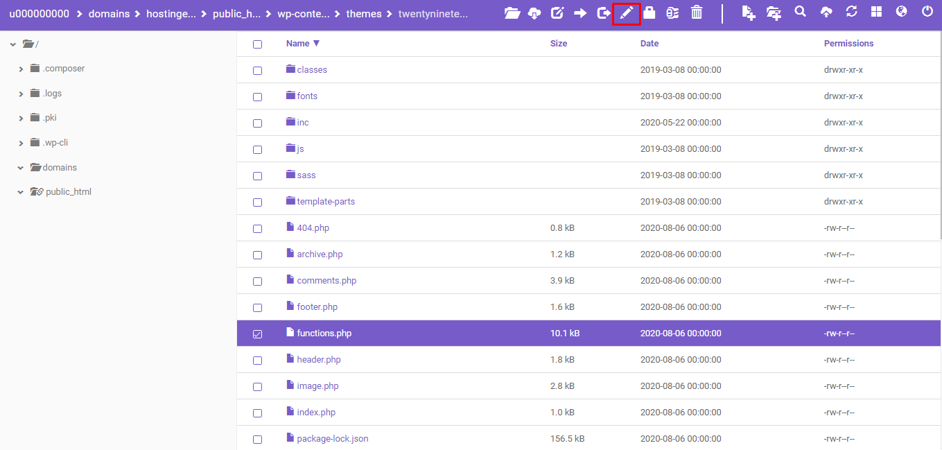 Screenshot showcasing functions.php in file manager