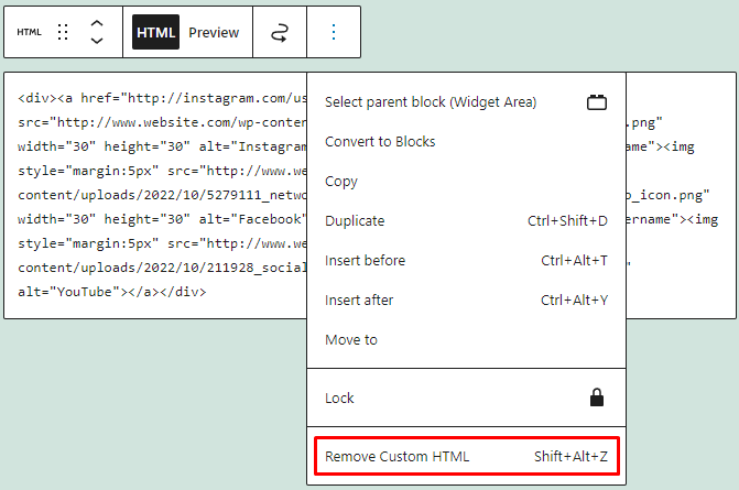Remove custom HTML option in the Custom HTML block
