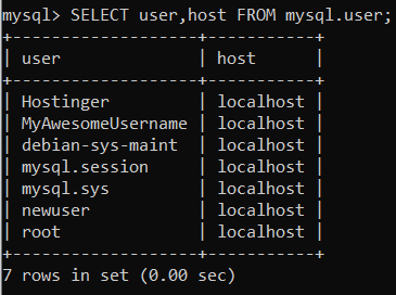 MySQL query showcasing all users along with hosts.