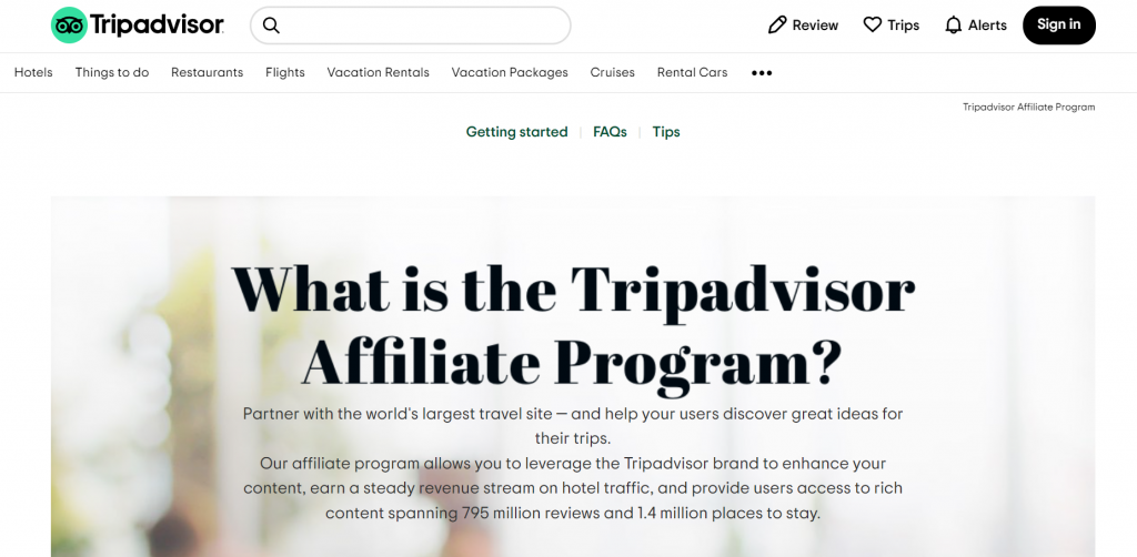 Tripadvisor affiliate program landing page