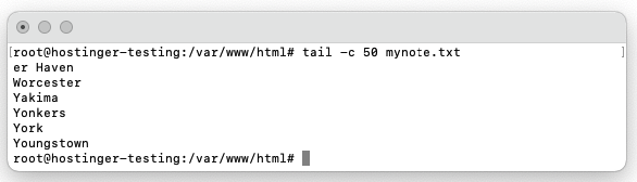Command line showing the last 50 bytes of a text file
