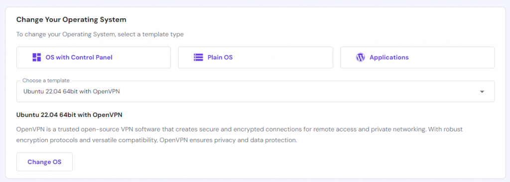 OpenVPN VPS template selection menu in hPanel