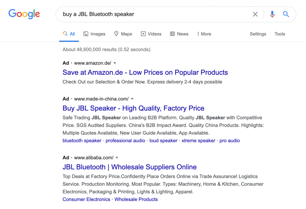 Screenshot showing ecommerce stores as SERP results for "buy a JBL speaker query"