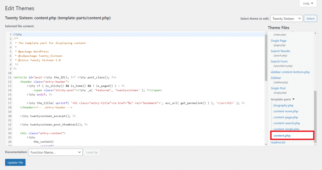 WordPress Theme Editor screen, highlighting the content.php file.