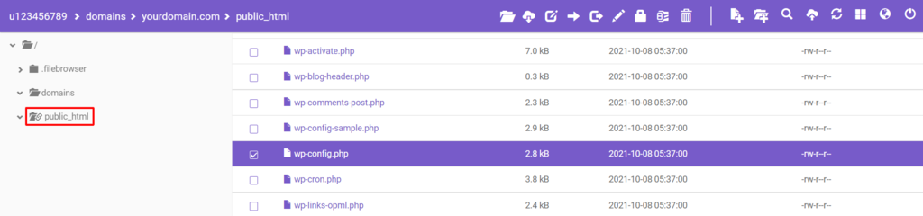 Accessing the wp-config.php file in the File Manager.