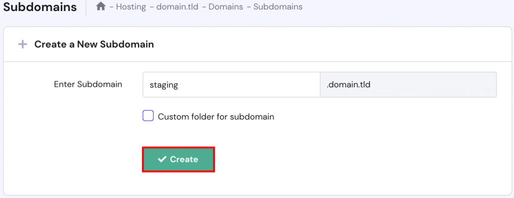 The Create button under the Subdomains section.
