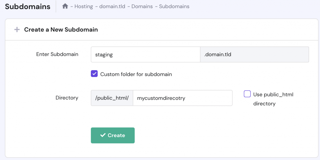 The process of creating a new staging subdomain on hPanel. Custom folder for subdomain option is checked
