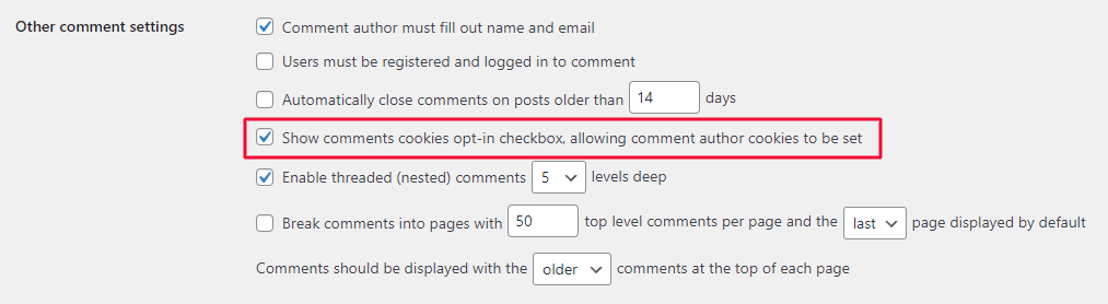 The Show comments cookies opt-in checkbox, allowing comment author cookies to be set option in the WordPress comments settings