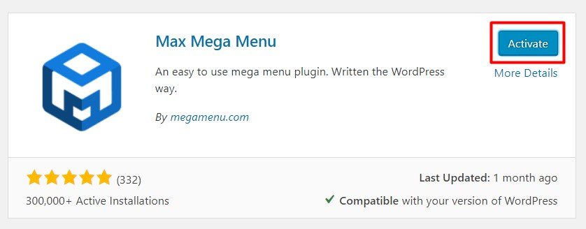WordPress dashboard, highlighting the Activate button next to Max Mega Menu plugin