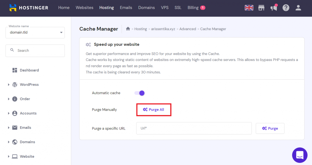 Purging all cache using hPanel's Cache Manager
