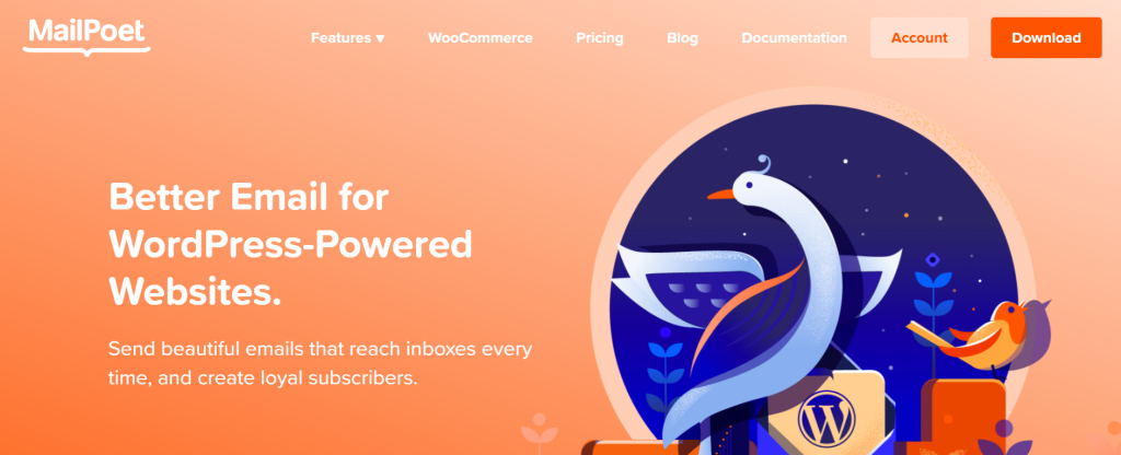 MailPoet landing page stating, better email for wordpress-powered websites 