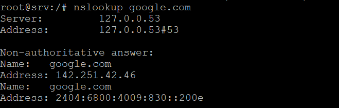 The nslookup command queries the google.com domain IP address