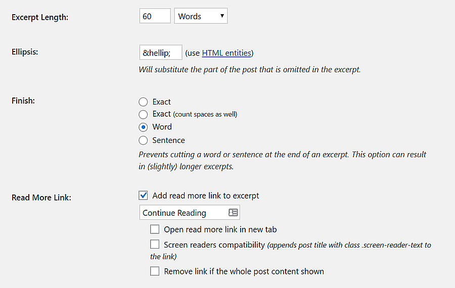 Customizing Advanced Excerpt plugin's settings.
