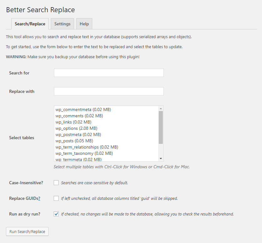 Better Search and Replace plugin, fill in information on what to search