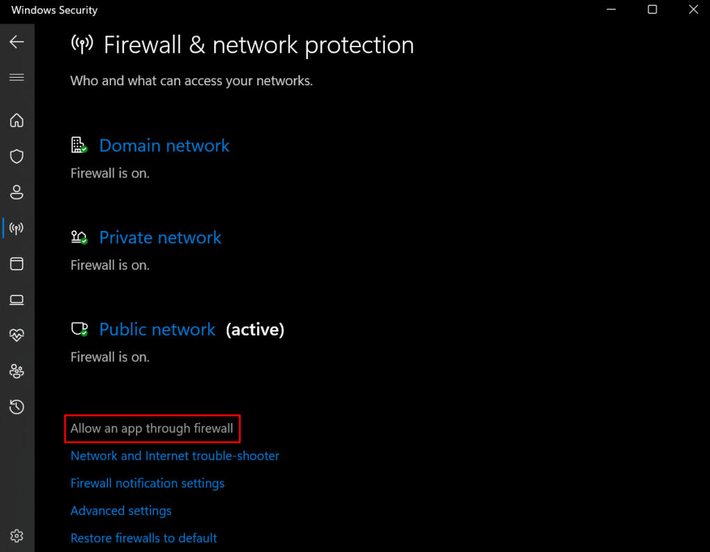 Firewall & network protection with Allow an app through firewall highlighted