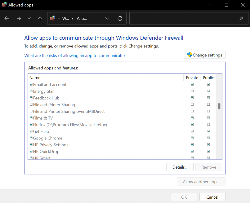 The allowed app list in the Windows Defender Firewall