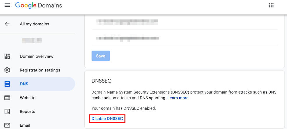 The DNS section on the Google Domains page. The Disable DNSSEC button is highlighted