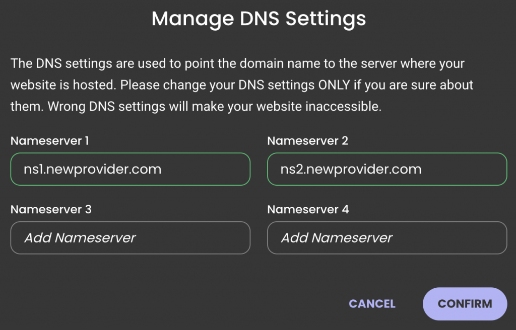 The Manage DNS Settings section on the SiteGround website. The page displays newly entered nameservers