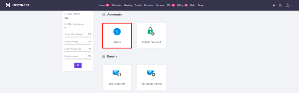 Searching for account details in hPanel